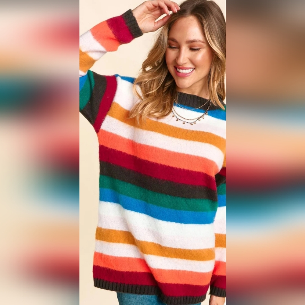 PLUS OVERSIZED STRIPED PULLOVER SOFT SWEATER TOP - Picture 1 of 7